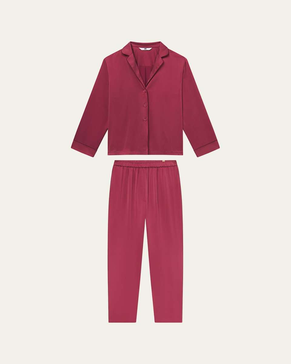 Piped Washable Silk Long-Sleeve Pajama Set